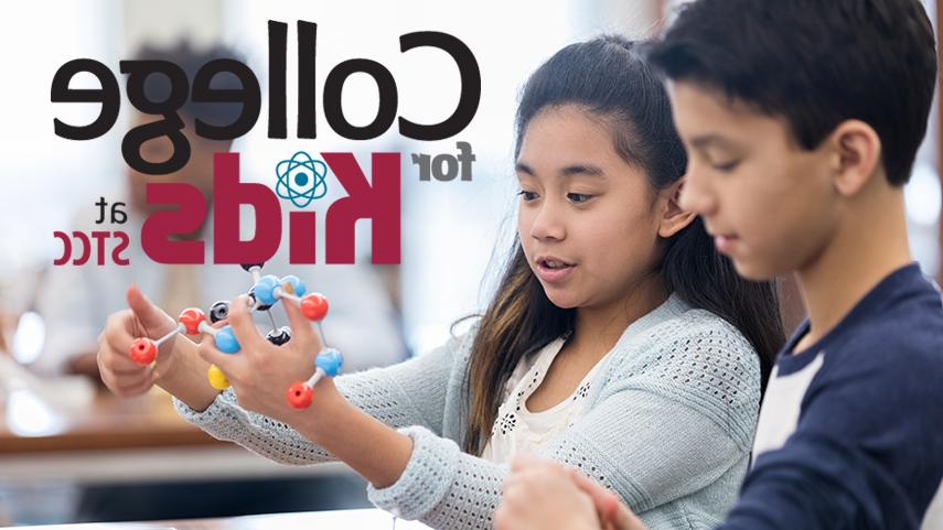 children playing with molecule model next to the College for Kids logo